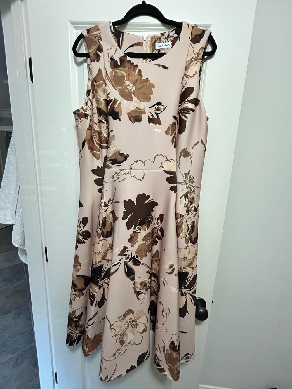 Calvin Klein Beige Taupe Floral Midi Fit-and-Flare Dress